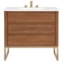 BEMMA Markham 36" Free Standing Single Basin Vanity Set with Cabinet and Vanity Top Walnut / White Quartz Top / Satin Brass Hardware