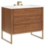 BEMMA Markham 36" Free Standing Single Basin Vanity Set with Cabinet and Vanity Top Walnut / Calacatta Quartz Top / Satin Brass Hardware
