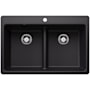 Blanco Liven 33" Drop-In/Undermount 50/50 Double Basin SILGRANIT Kitchen Sink with Low Divide Coal Black