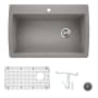 Blanco Diamond 33-1/2" Dual Mount Single Basin Granite Composite Kitchen Sink with Basin Rack and Basket Strainer Metallic Gray