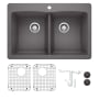 Blanco Diamond 33" Dual Mount Double Basin Granite Composite Kitchen Sink with Basin Rack and Basket Strainer Cinder