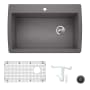 Blanco Diamond 33-1/2" Dual Mount Single Basin Granite Composite Kitchen Sink with Basin Rack and Basket Strainer Cinder