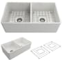Bocchi Classico 33" Farmhouse Double Basin Fireclay Kitchen Sink with Basin Rack and Basket Strainer White