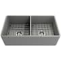 Bocchi Classico 33" Farmhouse Double Basin Fireclay Kitchen Sink with Basin Rack and Basket Strainer Matte Gray