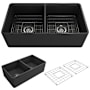 Bocchi Classico 33" Farmhouse Double Basin Fireclay Kitchen Sink with Basin Rack and Basket Strainer Matte Dark Gray
