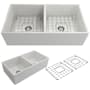 Bocchi Contempo 36" Farmhouse Double Basin Fireclay Kitchen Sink with Basin Rack and Basket Strainer White