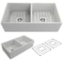 Bocchi Contempo 36" Farmhouse Double Basin Fireclay Kitchen Sink with Basin Rack and Basket Strainer Matte White