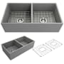 Bocchi Contempo 36" Farmhouse Double Basin Fireclay Kitchen Sink with Basin Rack and Basket Strainer Matte Gray