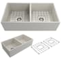 Bocchi Contempo 36" Farmhouse Double Basin Fireclay Kitchen Sink with Basin Rack and Basket Strainer Biscuit