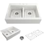 Bocchi Nuova 34" Drop In Double Basin Fireclay Kitchen Sink with Basin Rack and Basket Strainer White