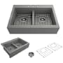Bocchi Nuova 34" Drop In Double Basin Fireclay Kitchen Sink with Basin Rack and Basket Strainer Matte Gray