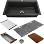 Bocchi Baveno Lux 33-3/4" Undermount Single Basin Granite Kitchen Sink with Basket Strainer, Colander, Cutting Board and Sink Covers Matte Black