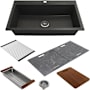 Bocchi Baveno Lux 33-3/4" Undermount Single Basin Granite Kitchen Sink with Basket Strainer, Colander, Cutting Board and Sink Covers Metallic Black