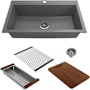 Bocchi Baveno Lux 33-3/4" Undermount Single Basin Granite Kitchen Sink with Basket Strainer, Colander and Cutting Board Concrete Gray