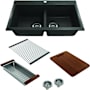 Bocchi Baveno Lux 33-3/4" Undermount Double Basin Granite Kitchen Sink with Basket Strainer, Colander and Cutting Board Metallic Black