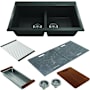 Bocchi Baveno Lux 33-3/4" Undermount Double Basin Granite Kitchen Sink with Basket Strainer, Colander, Cutting Board and Sink Covers Metallic Black