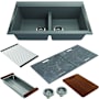 Bocchi Baveno Lux 33-3/4" Undermount Double Basin Granite Kitchen Sink with Basket Strainer, Colander, Cutting Board and Sink Covers Concrete Gray