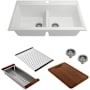 Bocchi Baveno Lux 33-3/4" Undermount Double Basin Granite Kitchen Sink with Basket Strainer, Colander and Cutting Board Milk White