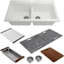 Bocchi Baveno Lux 33-3/4" Undermount Double Basin Granite Kitchen Sink with Basket Strainer, Colander, Cutting Board and Sink Covers Milk White