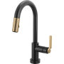 Brizo Litze 1.8 GPM Single Hole Pull Down Prep/Bar Faucet with On/Off Touch Activation, Arc Spout and Industrial Handle Matte Black / Luxe Gold