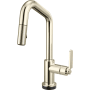 Brizo Litze 1.8 GPM Single Hole SmartTouch Pull Down Prep/Bar Faucet with On/Off Touch Activation, Angled Spout and Industrial Handle Brilliance Polished Nickel