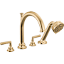 Brizo Beauclere Deck Mounted Roman Tub Filler with Integrated Diverter and Hand Shower - Less Handles and Rough In Polished Gold