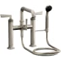 California Faucets Steampunk Bay Deck Mounted Tub Filler with Built-In Diverter - Includes Hand Shower Satin Nickel