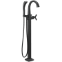 Delta Stryke Floor Mounted Tub Filler with Integrated Diverter, Hand Shower, Arc Spout, and Helo Style Handle - Less Rough In Matte Black