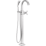 Delta Stryke Floor Mounted Tub Filler with Integrated Diverter, Hand Shower, Arc Spout, and Helo Style Handle - Less Rough In Lumicoat Chrome