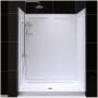 DreamLine SlimLine Shower Installation Package with 76-3/4" High x 60" Wide x 32" Deep Shower Walls and 32" by 60" Single Threshold Shower Base White / Center Drain