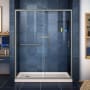 DreamLine Infinity-Z 74-3/4" High x 60" Wide 32" Deep Sliding Framed Shower Door with Clear Glass, SlimeLine Shower Base Kit, and Left Drain Brushed Nickel with Biscuit Base