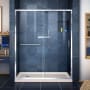DreamLine Infinity-Z 74-3/4" High x 60" Wide 34" Deep Sliding Framed Shower Door with Clear Glass, SlimeLine Shower Base Kit, and Left Drain Chrome with Biscuit Base