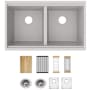 Elkay Quartz Classic 33" Undermount Double Basin Quartz Composite Kitchen Sink with Basin Racks, Basket Strainers, Colander, Drying Racks, and Cutting Board Greystone
