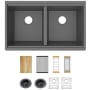 Elkay Quartz Classic 33" Undermount Double Basin Quartz Composite Kitchen Sink with Basin Racks, Basket Strainers, Colander, Drying Racks, and Cutting Board Graphite