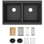 Elkay Quartz Classic 33" Undermount Double Basin Quartz Composite Kitchen Sink with Basin Racks, Basket Strainers, Colander, Drying Racks, and Cutting Board Matte Black
