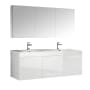 Fresca Vista 59" Wall Mounted / Floating Vanity Set with MDF Cabinet, Acrylic Top, Two Drop In Sinks, Medicine Cabinet, and Two Single Hole Faucets White