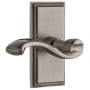 Grandeur Carre Solid Brass Rose Right Handed Privacy Door Lever Set with Portofino Lever and 2-3/4" Backset Antique Pewter