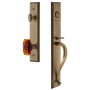 Grandeur Carre Solid Brass Rose Keyed Entry Single Cylinder Full Plate "S" Grip Handleset with Baguette Amber Crystal Knob and 2-3/4" Backset Vintage Brass