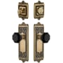 Grandeur Windsor Solid Brass Rose Single Cylinder Keyed Entry Deadbolt and Knobset Combo Pack with Lyon Black Crystal Knob and 2-3/4" Backset Vintage Brass