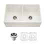 Houzer Platus 33" Farmhouse Double Basin Fireclay Kitchen Sink with Basin Rack and Basket Strainer Biscuit