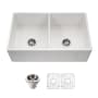 Houzer Platus 33" Farmhouse Double Basin Fireclay Kitchen Sink with Basin Rack and Basket Strainer White