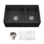 Houzer Platus 33" Farmhouse Double Basin Fireclay Kitchen Sink with Basin Rack and Basket Strainer Black