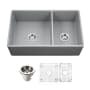 Houzer Platus 33" Farmhouse Double Basin Fireclay Kitchen Sink with Basin Rack and Basket Strainer Gray