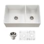 Houzer Platus 33" Farmhouse Double Basin Fireclay Kitchen Sink with Basin Rack and Basket Strainer White