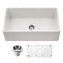 Houzer Platus 33" Farmhouse Single Basin Fireclay Kitchen Sink with Basin Rack and Basket Strainer White