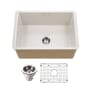 Houzer Platus 25-1/2" Undermount Single Basin Fireclay Kitchen Sink with Basin Rack and Basket Strainer Biscuit