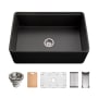 Houzer Aspire 30" Farmhouse Single Basin Fireclay Kitchen Sink with Basin Rack, Basket Strainer and Cutting Board Black