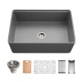Houzer Aspire 30" Farmhouse Single Basin Fireclay Kitchen Sink with Basin Rack, Basket Strainer and Cutting Board Gray