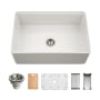 Houzer Aspire 30" Farmhouse Single Basin Fireclay Kitchen Sink with Basin Rack, Basket Strainer and Cutting Board Matte White