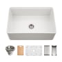 Houzer Aspire 30" Farmhouse Single Basin Fireclay Kitchen Sink with Basin Rack, Basket Strainer and Cutting Board White